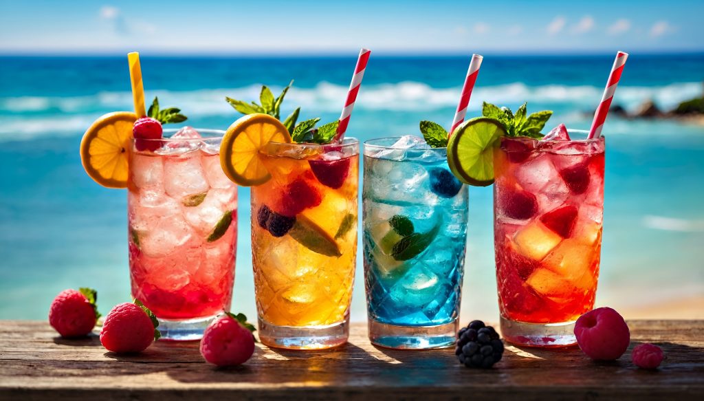 Das Bild zeigt vier bunte, erfrischende Sommergetränke in hohen Gläsern. Die Gläser sind mit Eiswürfeln, frischen Früchten und Kräutern gefüllt. Jedes Getränk hat eine andere leuchtende Farbe:
Links ist ein rosarotes Getränk mit Zitronenscheibe, Himbeeren und Minzblättern, daneben ein orangefarbenes Getränk mit Beeren und Minze. Das dritte Glas ist blau und enthält Limettenscheiben und Minze,
Rechts steht ein rot-orangenes Getränk mit verschiedenen Früchten, unter anderem Himbeeren.
Alle Gläser sind mit roten oder gelben Strohhalmen versehen und am Glasrand steckt jeweils eine Zitronen- oder Limettenscheibe. Im Vordergrund liegen einige Himbeeren und eine Brombeere auf einem Holztisch.
Im Hintergrund ist das Meer zu sehen in türkisblau mit sanften Wellen, darüber ein heller Himmel mit wenigen kleinen Wolken. 
Das Bild vermittelt ein sommerliches, frisches und fröhliches Strandgefühl.