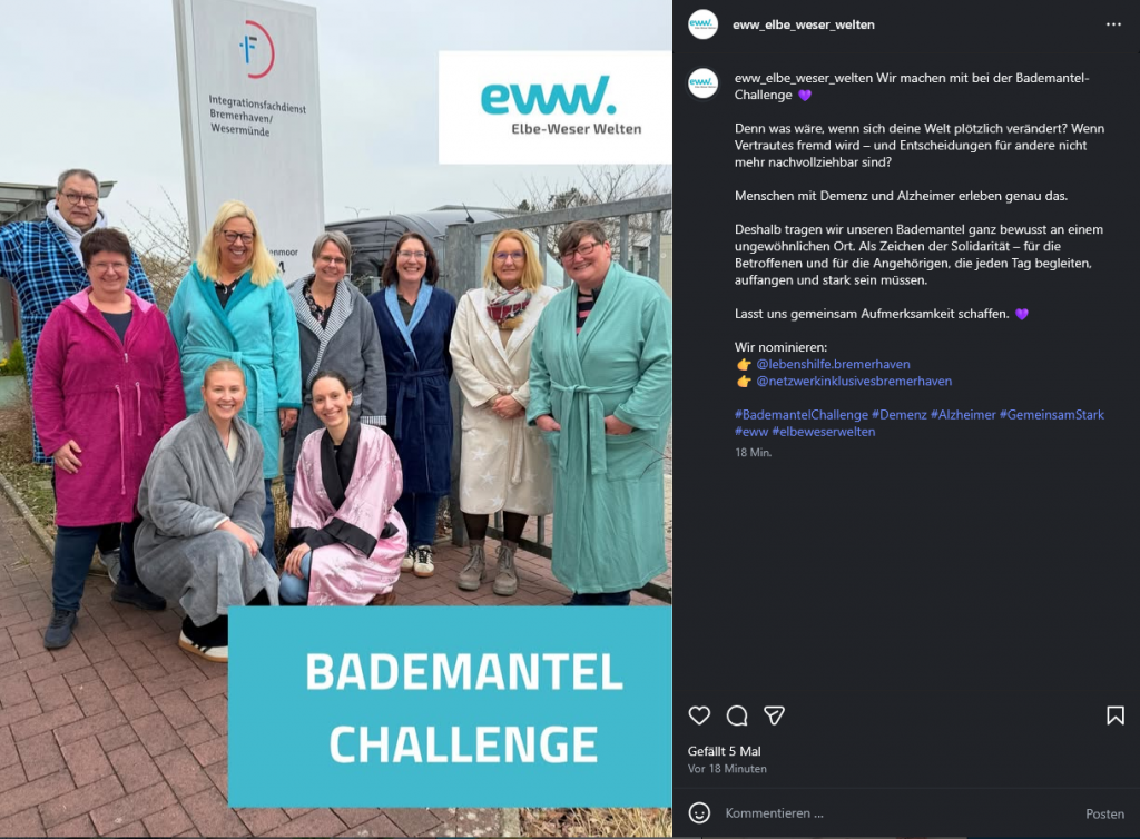 Screenshot des Beitrags der Elbe Weser Welten aus Instagram. Zu sehen sind 9 Kolleg*innen aus dem Integrationsfachdienst, die draußen stehen und einen Bademantel tragen.